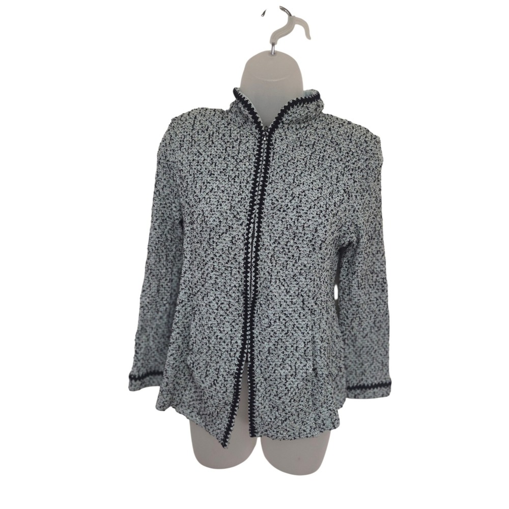 St John Collection Marie Gray Blue Black Knit Zip Front Jacket Size 4 USA Made